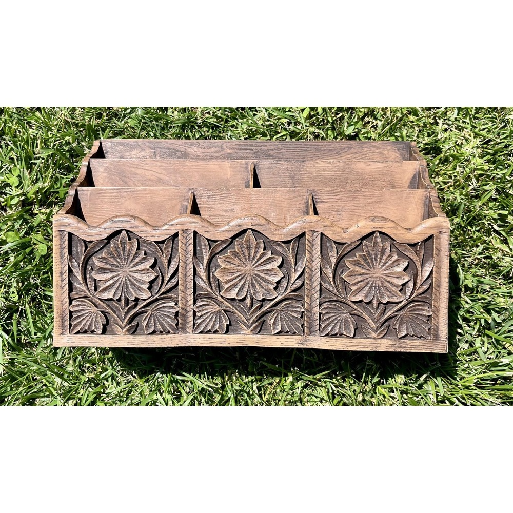 Vintage Lerner Brown Plastic Desktop Organizer Faux Wood Floral Letter Sorter